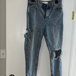 Topshop Blue Ripped Straight Leg Jeans